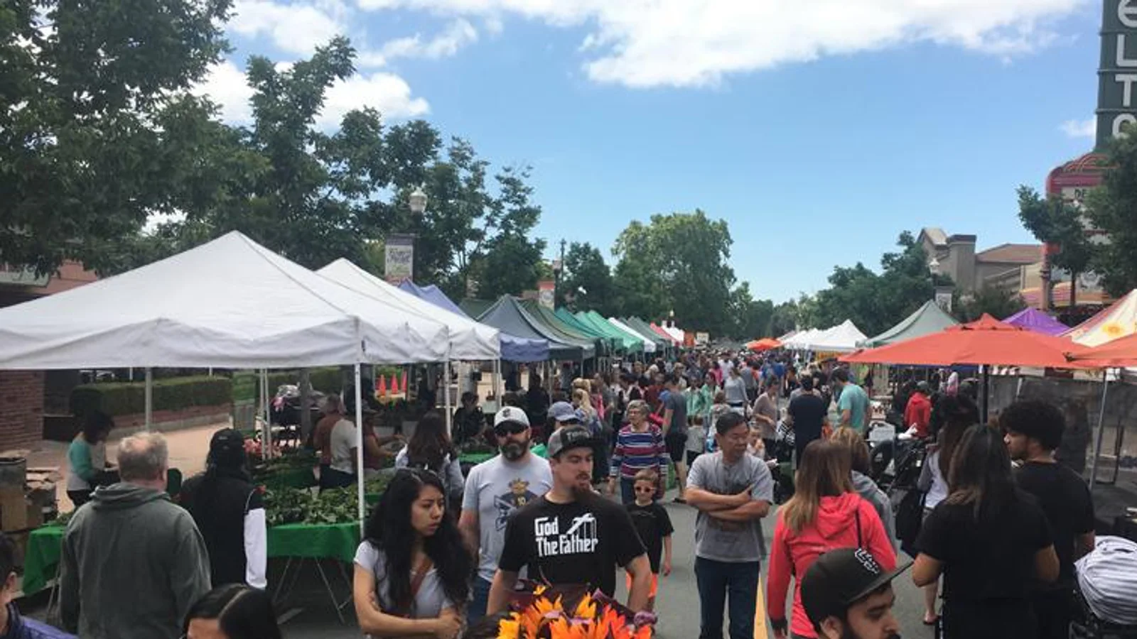 Shoppers and vendors at the Brentwood Farmers Market in downtown Brentwood
