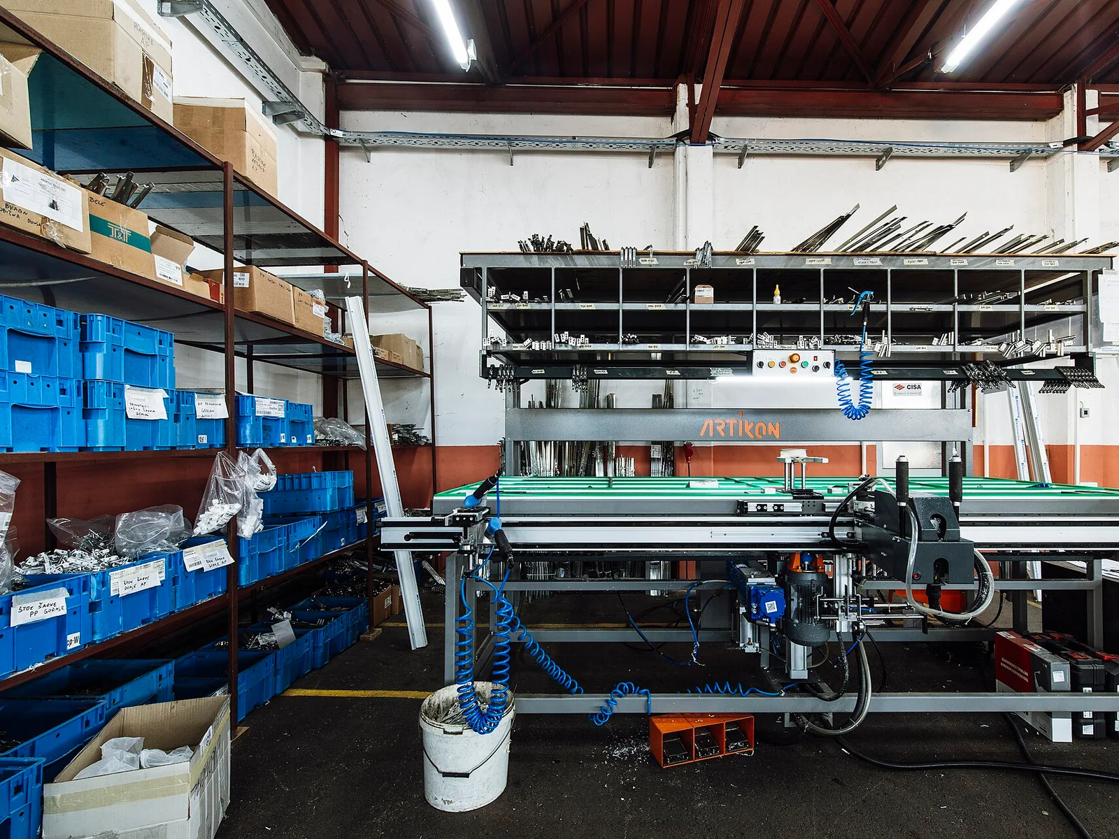 A clean, organized industrial manufacturing workshop